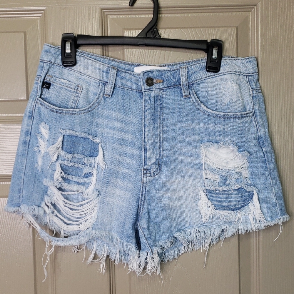 KanCan Light Blue Distressed High-Rise Denim Shorts
